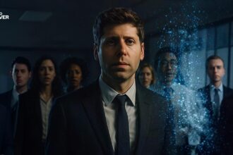 OpenAI CEO Sam Altman ai Jobs in the foreground, with a background of anxious workers disappearing, illustrating the theme of AI job replacement.