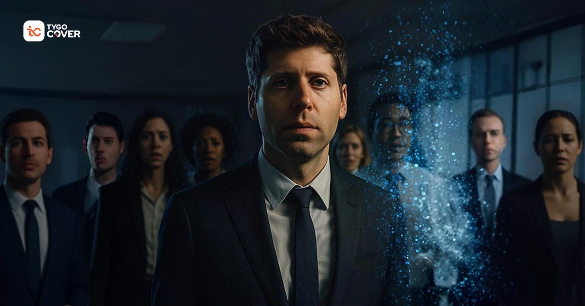 OpenAI CEO Sam Altman ai Jobs in the foreground, with a background of anxious workers disappearing, illustrating the theme of AI job replacement.