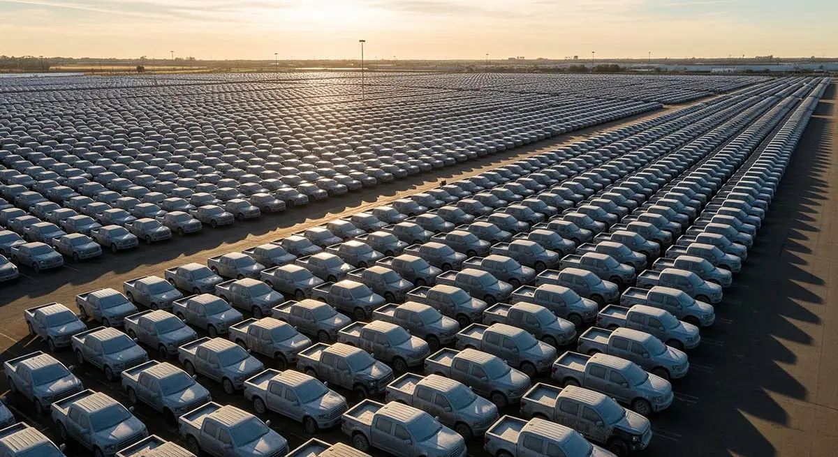 Thousands of new Ford trucks parked in a lot, waiting for semiconductor chips during the auto industry crisis. impact of chip shortage on us auto industry