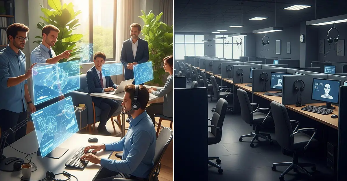 A split image showing the two potential futures of key tech sectors: collaboration and displacement, highlighting the different views on the state of technology.
