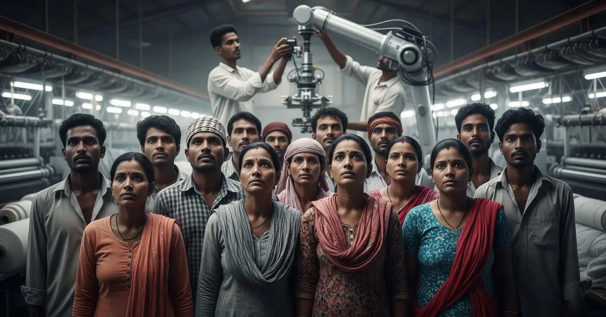 Factory workers in South Asia looking on as automation is installed, representing the human side of the changing core technologies of 2025.