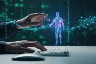 A first-person view of a writer interacting with an AI co-pilot, symbolizing a journey into understanding modern tech and the current state of technology.