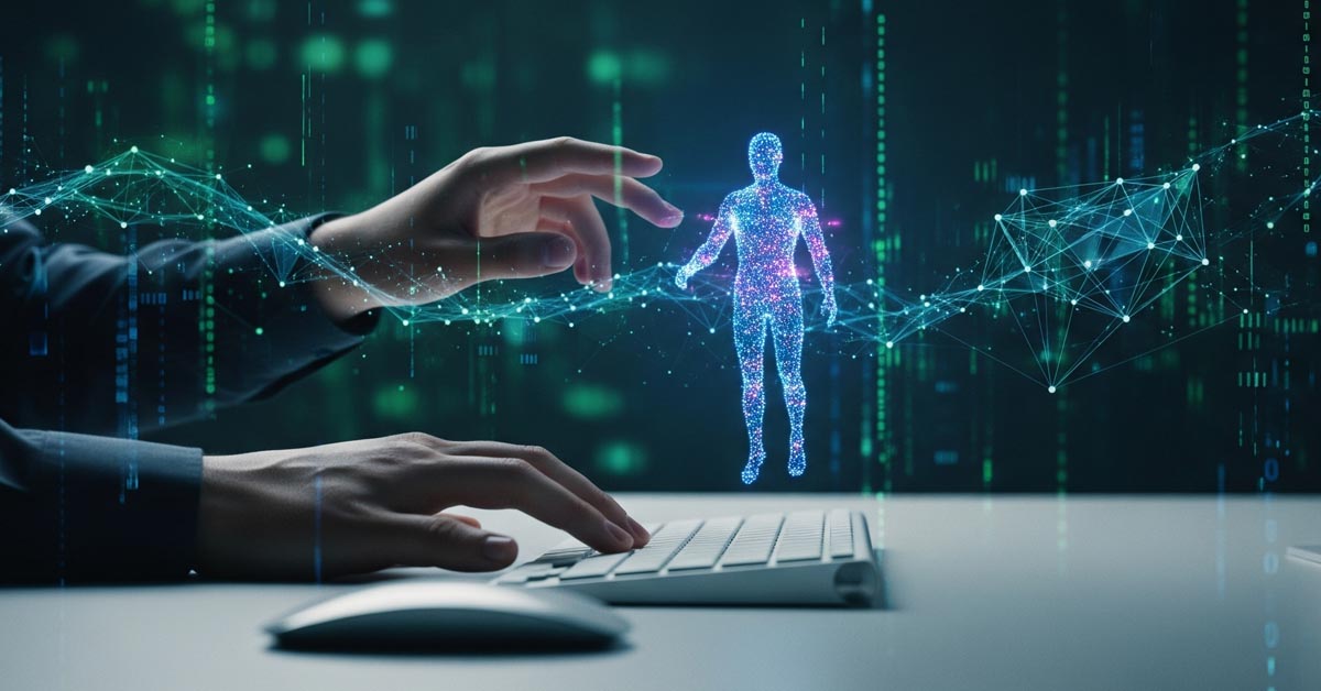 A first-person view of a writer interacting with an AI co-pilot, symbolizing a journey into understanding modern tech and the current state of technology.