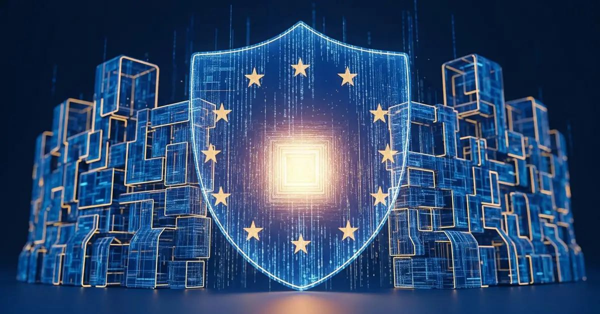 A symbolic image of Europe AI regulation, showing a digital shield protecting data, representing one of the key regional technology differences in 2025.