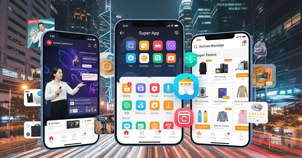 A vibrant collage of mobile screens showcasing the rapid Asia tech growth in e-commerce and super-apps, a major component of global tech trends 2025.