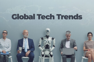 global tech trends 2025, highlighting the regional technology differences between continents with interconnected data lines.