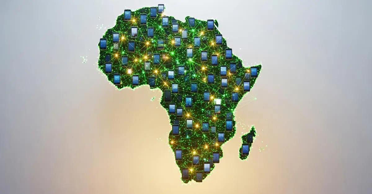 An illustration of Africa's emerging tech frontier, showing mobile-first innovation and highlighting regional technology differences and growth opportunities.