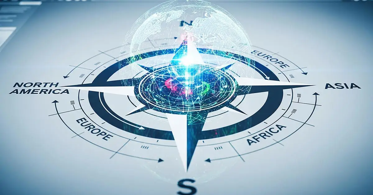 A compass symbolizing the global tech trends 2025, pointing to different regions to illustrate the importance of understanding regional technology differences.
