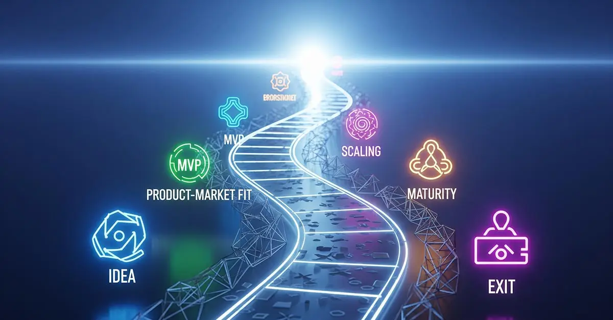 An illustration of the startup lifecycle as a winding digital path with six glowing milestones, showing the journey from idea to exit.