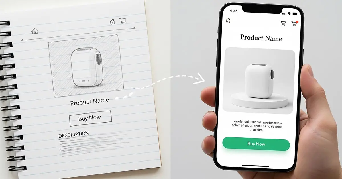 A visual showing the lean startup process, with a simple napkin sketch of a product evolving into a fully designed app on a smartphone.