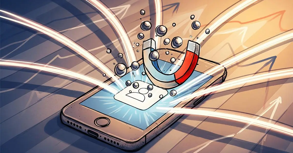A smartphone with an app icon acting as a magnet, pulling in streams of users, which symbolizes strong product-market fit.