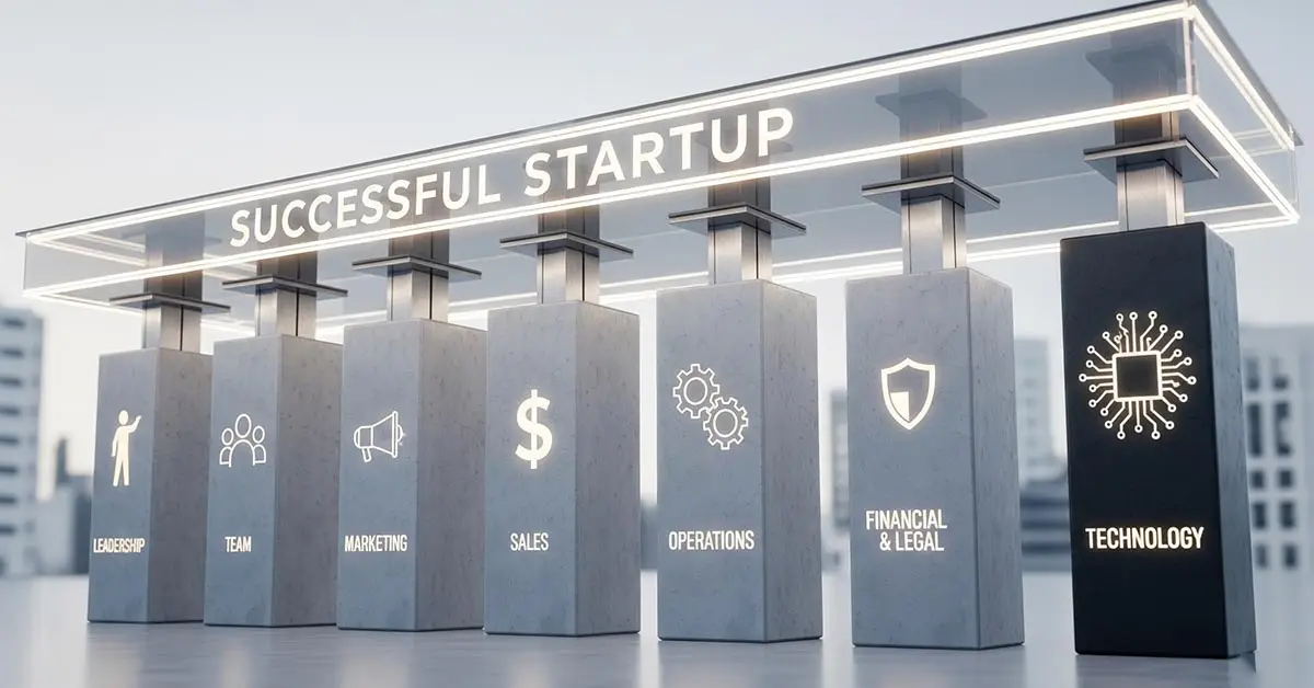 Seven pillars, each with an icon for leadership, team, marketing, sales, operations, finance, and technology, holding up a roof labeled "Successful Startup".