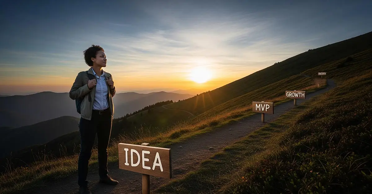 A founder standing at the start of a winding path labeled with startup milestones, looking towards a sunrise, symbolizing the entrepreneurial journey.