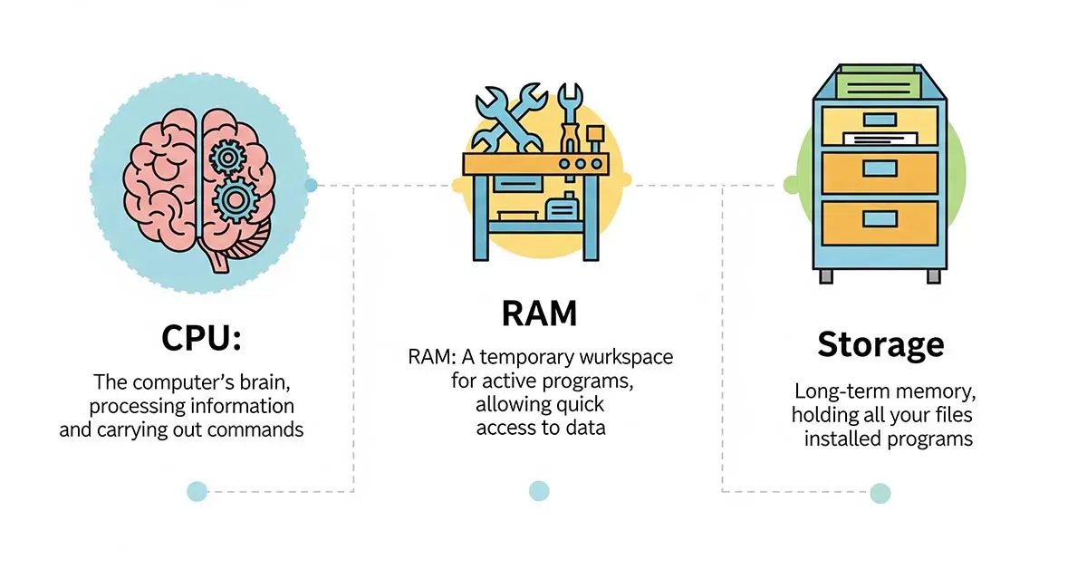 An infographic for understanding tech specs, using analogies of a brain for CPU and a workbench for RAM.