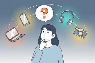 A person thinking about how to choose a new gadget, surrounded by icons of different electronics, for a beginner's buying guide.