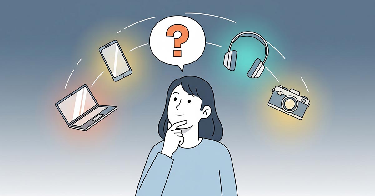 A person thinking about how to choose a new gadget, surrounded by icons of different electronics, for a beginner's buying guide.