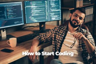 A beginner's roadmap showing how to start coding, with code flowing from a computer screen into a path.