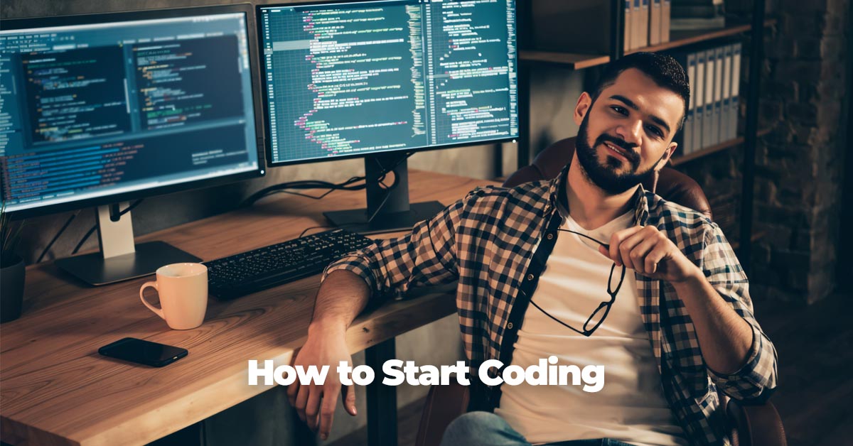 A beginner's roadmap showing how to start coding, with code flowing from a computer screen into a path.