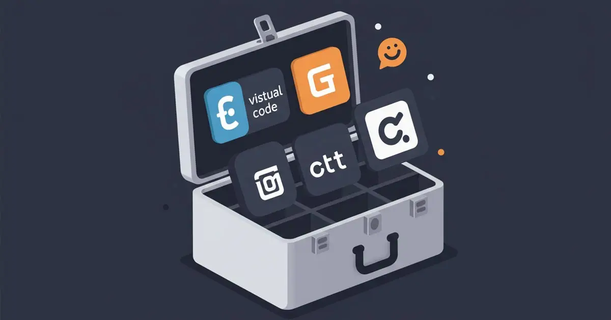 A digital coder's toolkit showing essential tools like VS Code and GitHub for anyone learning how to start coding.