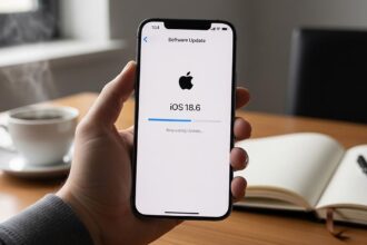 A person's hand holding an iPhone displaying the iOS 18.6 update screen, highlighting the new iPhone update and its security patches.