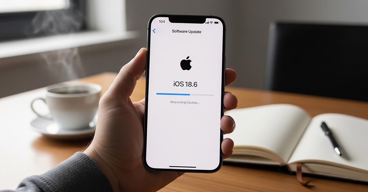 A person's hand holding an iPhone displaying the iOS 18.6 update screen, highlighting the new iPhone update and its security patches.