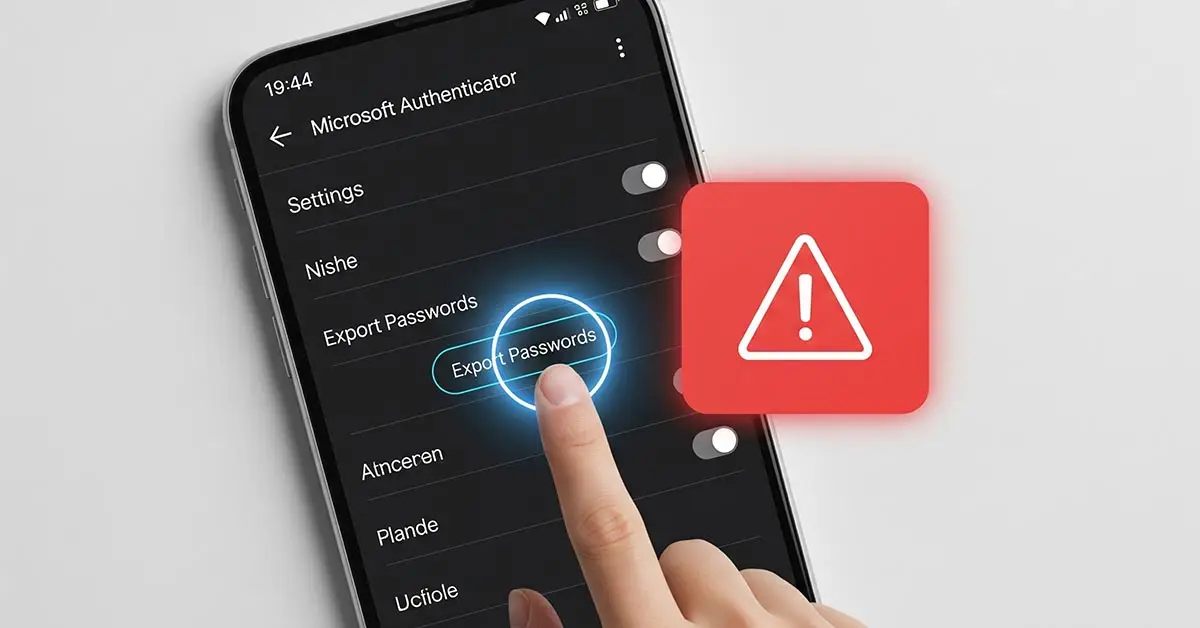 A guide on how to export Microsoft Authenticator passwords, showing the export button and warning about security.