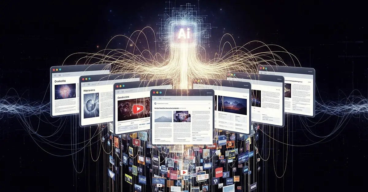 An illustration of AI-powered browsing where glowing threads connect multiple tabs, showing one of the key Copilot Mode features.