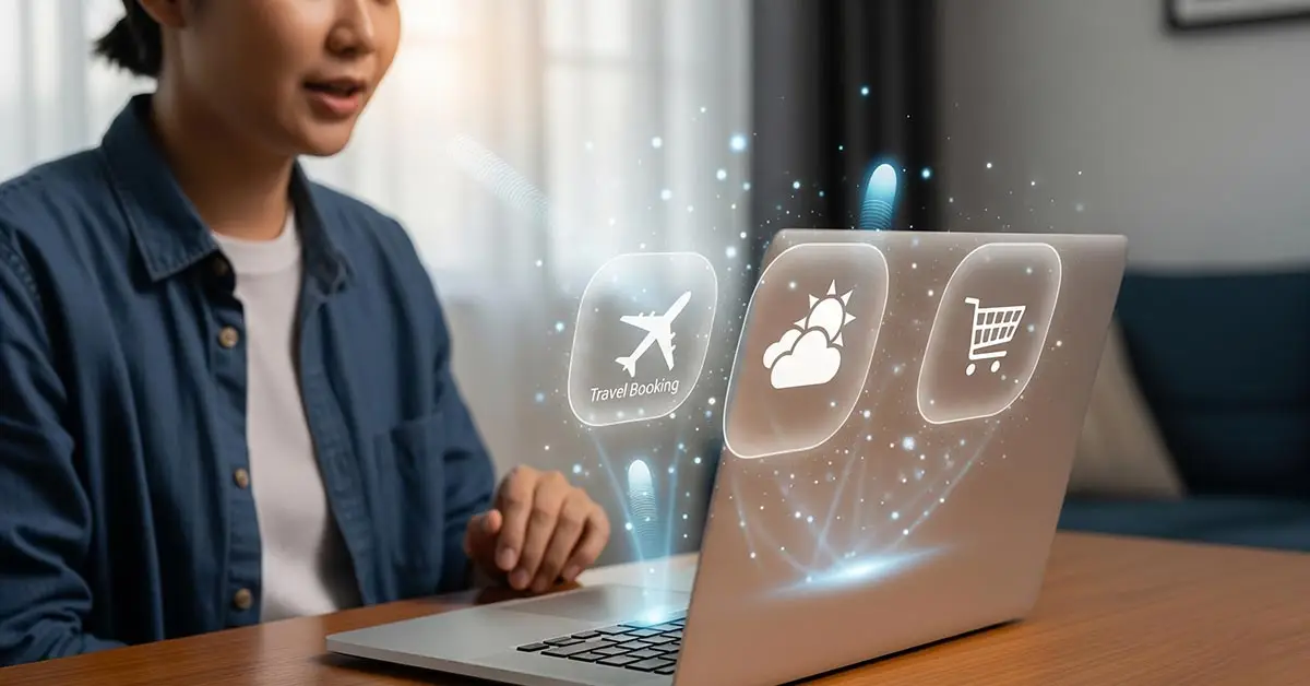 A user speaks to their laptop, demonstrating the voice command capabilities of the agentic AI browser in Microsoft Edge Copilot.
