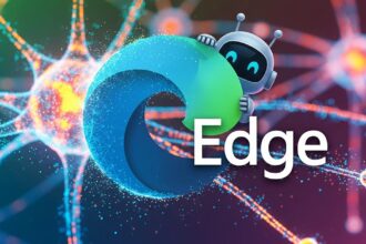 The Microsoft Edge logo merging with a neural network, representing the new AI browser assistant in Copilot Mode.