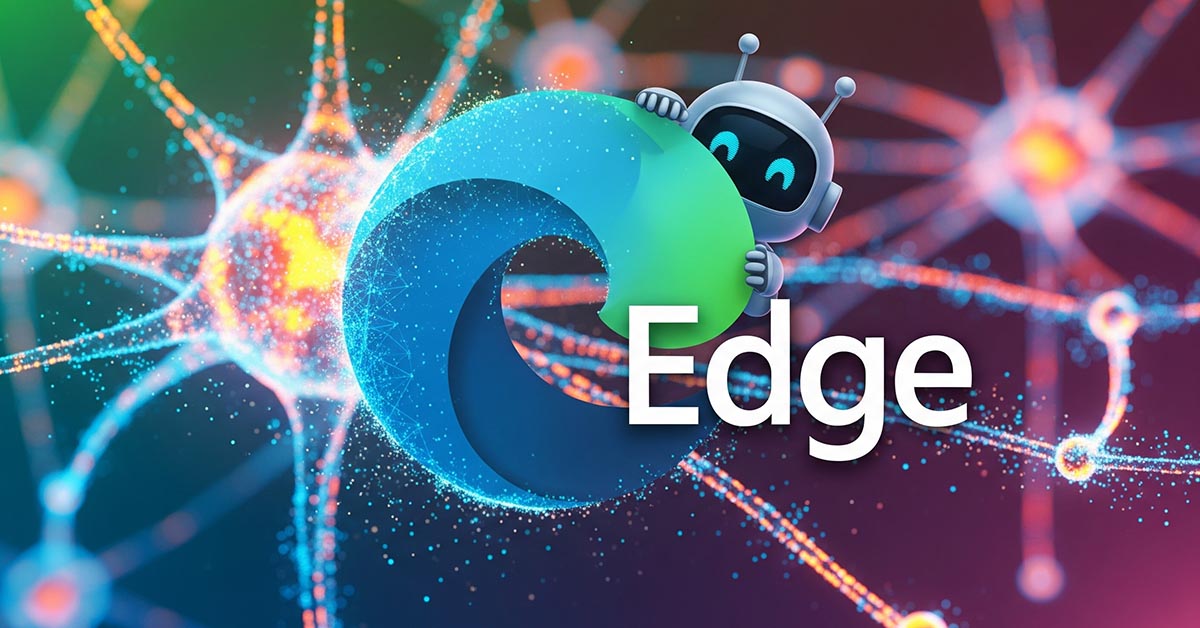 The Microsoft Edge logo merging with a neural network, representing the new AI browser assistant in Copilot Mode.