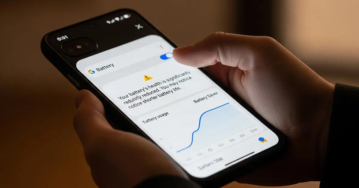 A user looking at the Pixel 6a mandatory update notification on their phone's battery health screen.