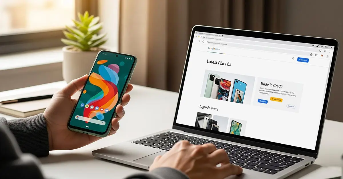 A person deciding on their Pixel 6a compensation by looking at their phone and the Google Store on a laptop.