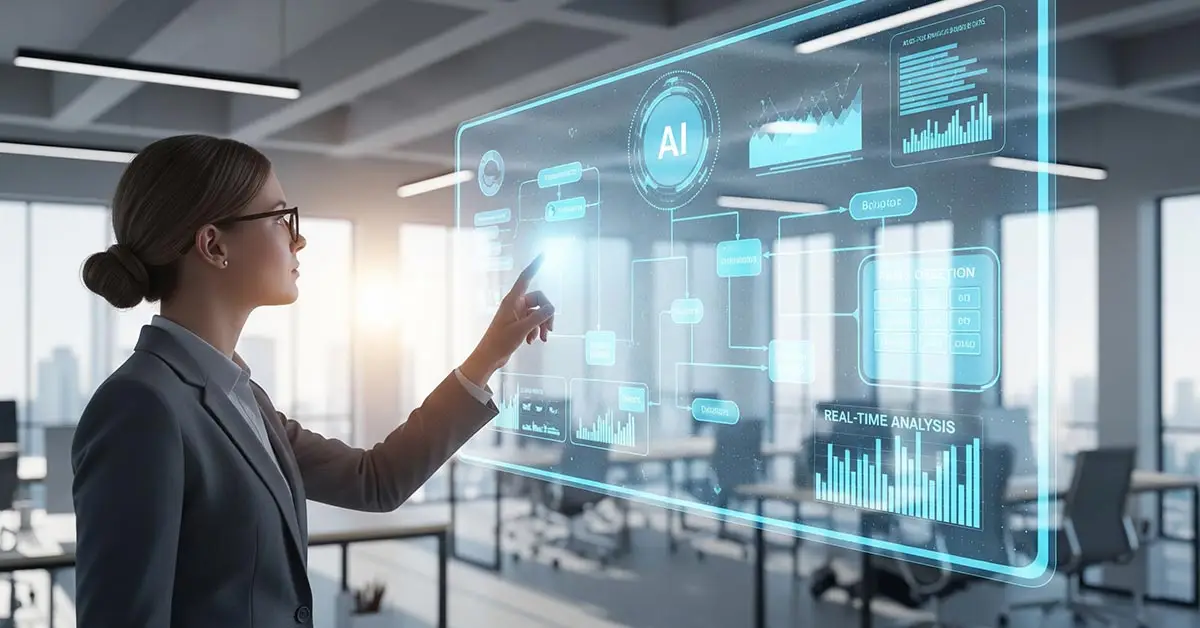 A professional collaborating with an Agentic AI, visualized on a holographic screen that is autonomously managing complex business workflows.