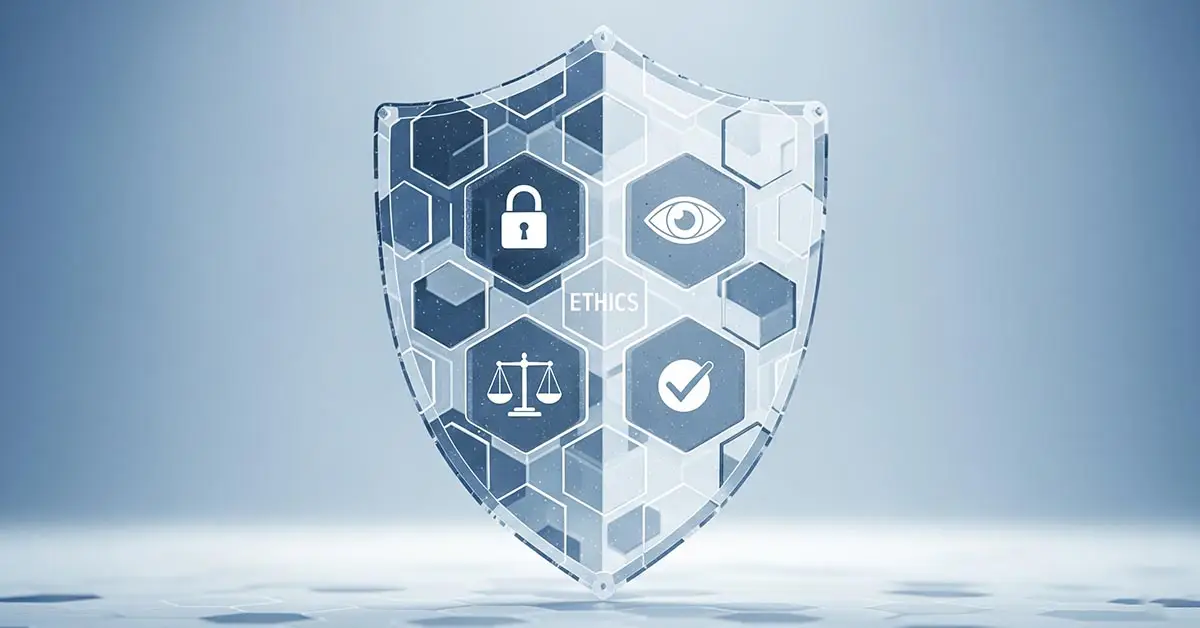 A digital shield made of interlocking hexagons, each containing an icon representing a pillar of digital trust: security, privacy, ethics, and reliability.