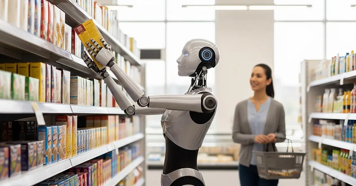 A humanoid robot assisting with tasks in a retail store, illustrating the integration of AI into physical service industries.