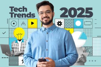 An abstract image representing the top tech trends 2025, showing a central AI brain connecting to icons of robotics, healthcare, and security.