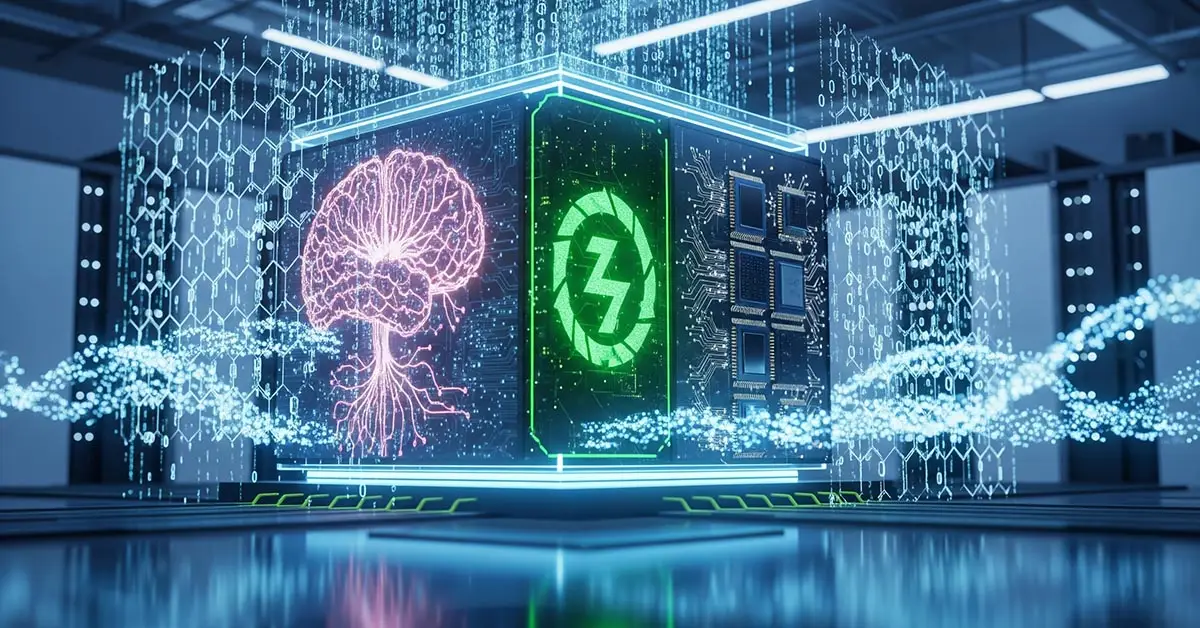 A futuristic computing core representing the new frontiers of computing, with sections showing neuromorphic patterns, sustainable energy symbols, and a post-quantum cryptographic shield.