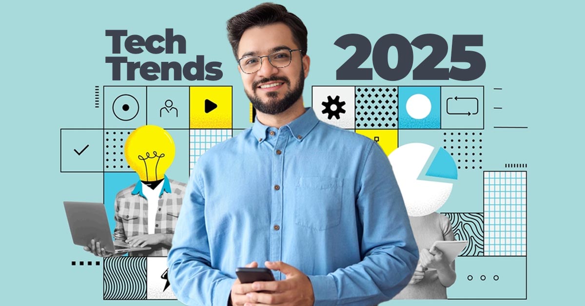 An abstract image representing the top tech trends 2025, showing a central AI brain connecting to icons of robotics, healthcare, and security.