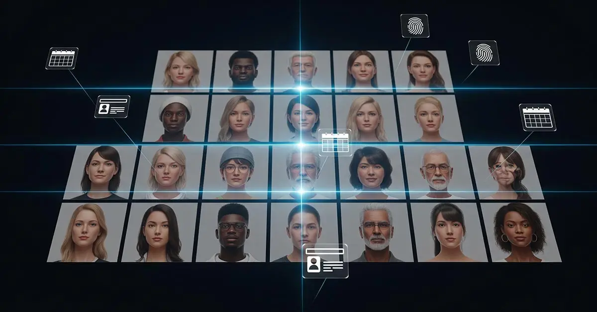 An abstract visual of facial scanning and ID checks, representing the age verification technology used to comply with the Online Safety Act.