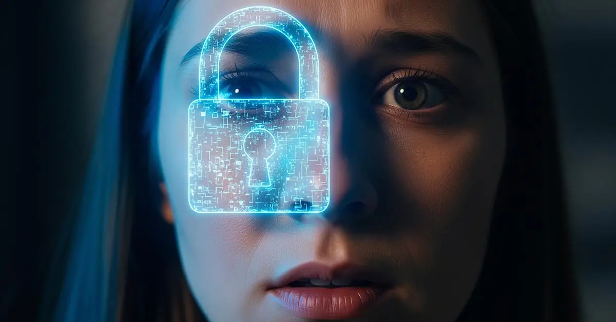 A person's face behind a digital padlock, symbolizing the digital privacy concerns surrounding the UK's online age verification rules.