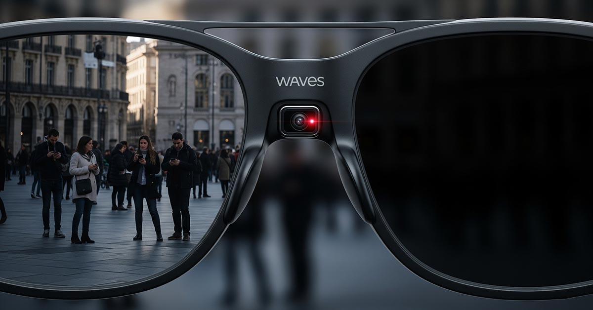 A close-up of the Waves camera glasses, highlighting the device's camera and raising questions about wearable camera privacy and stealth recording.