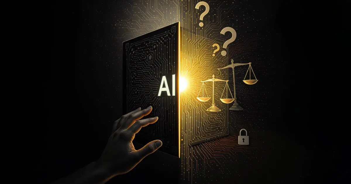 An image representing AI ethics and safety, showing a human hand cautiously approaching a black box AI model, symbolizing the need for transparency.