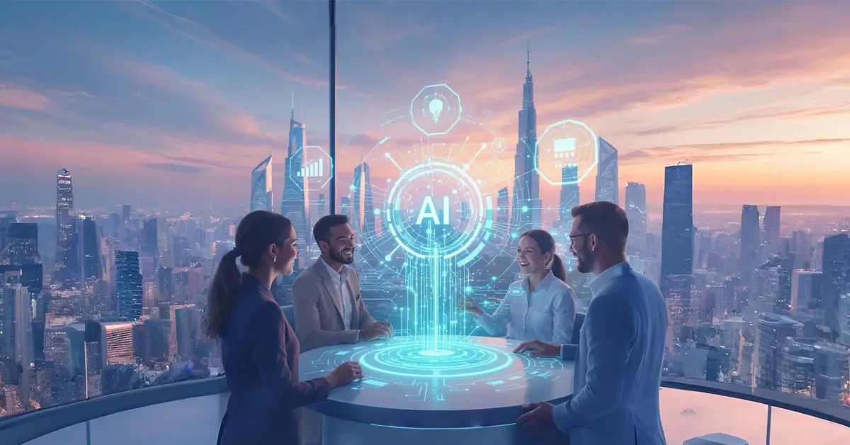 A forward-looking image for a guide on what is artificial intelligence, showing a diverse team collaborating on the future of AI.