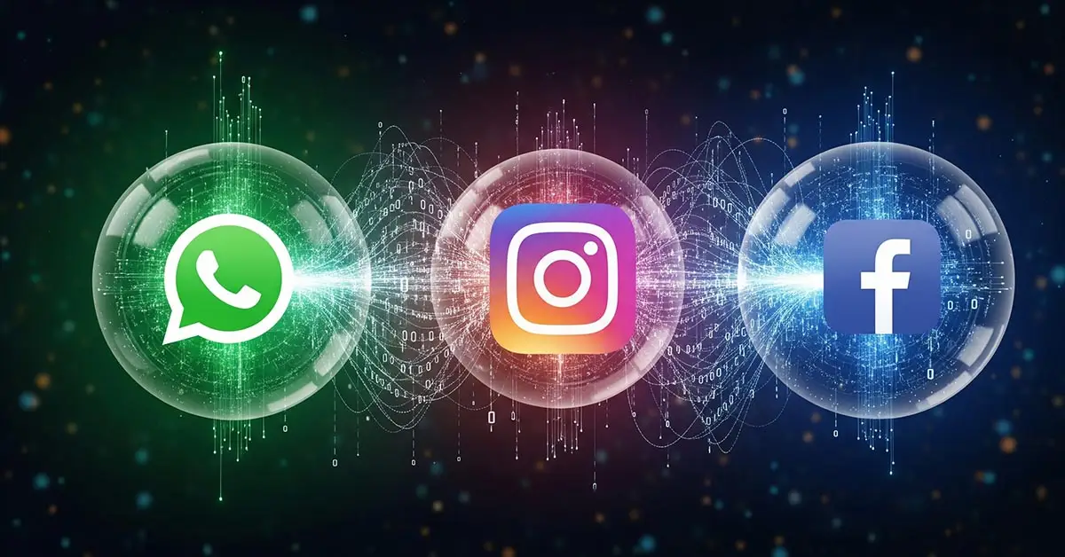 Abstract glowing spheres representing the Meta app integration between WhatsApp, Instagram, and Facebook, a key part of new WhatsApp features.