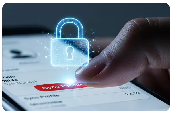 A close-up, dramatic shot of a person's thumb hovering over the 'Sync Profile' button on a smartphone screen. A translucent digital padlock icon is superimposed over the image, symbolizing social media privacy concerns.