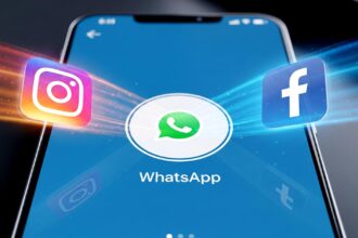 A smartphone showing the WhatsApp profile photo import feature, with Instagram and Facebook logos merging, illustrating the new Meta app integration.