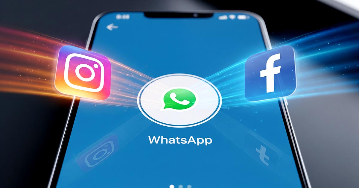 A smartphone showing the WhatsApp profile photo import feature, with Instagram and Facebook logos merging, illustrating the new Meta app integration.