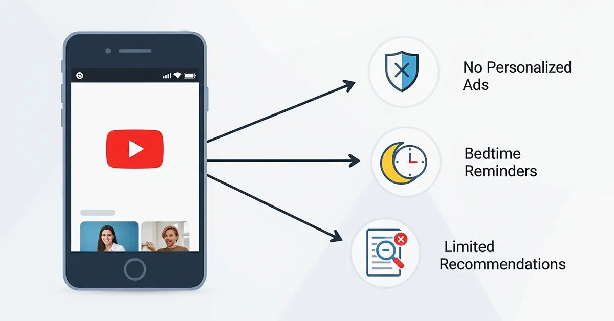 An infographic showing the YouTube minor restrictions that are applied through the new AI age verification system for online child safety.