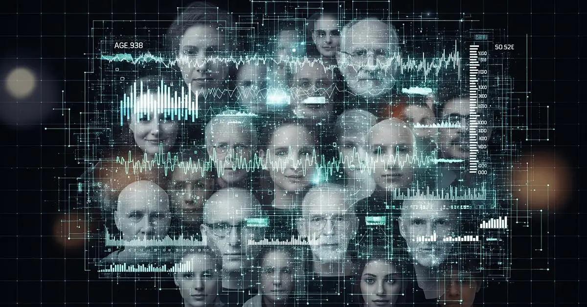 An abstract image of faces being scanned, representing the facial age estimation technology used in AI age verification systems.