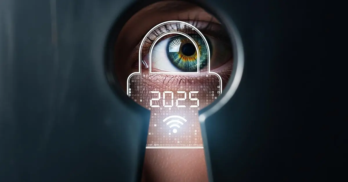 A symbolic image of an eye looking through a digital padlock, representing the digital privacy trends and concerns with AI age verification.